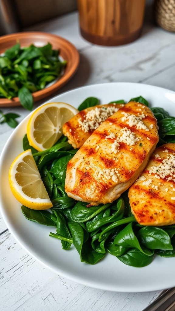 Sautéed chicken breasts with spinach and lemon on a rustic plate.